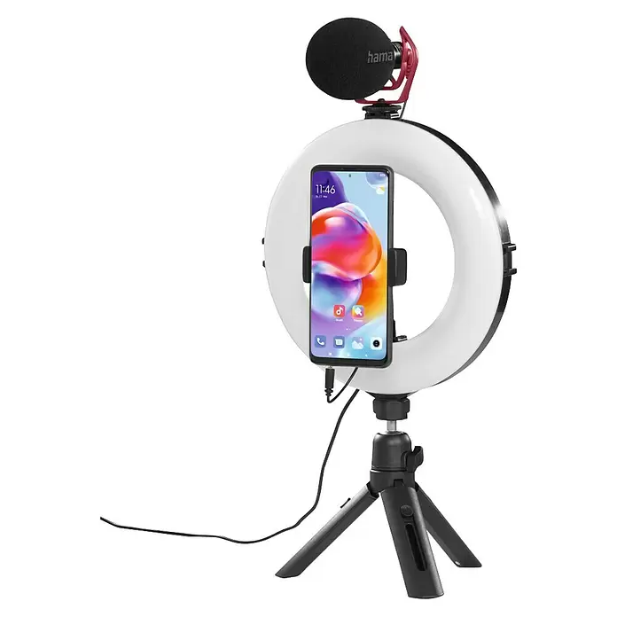 Hama Smartphone-Halter LED-Ringleuchte "SpotLight Smart 80 II" - Schwarz - Weißes Ringlicht-Kit mit Smartphone-Halterung, schwarzem Mikrofon und schwarzem Ministativ für Vlogging oder Content-Erstellung.