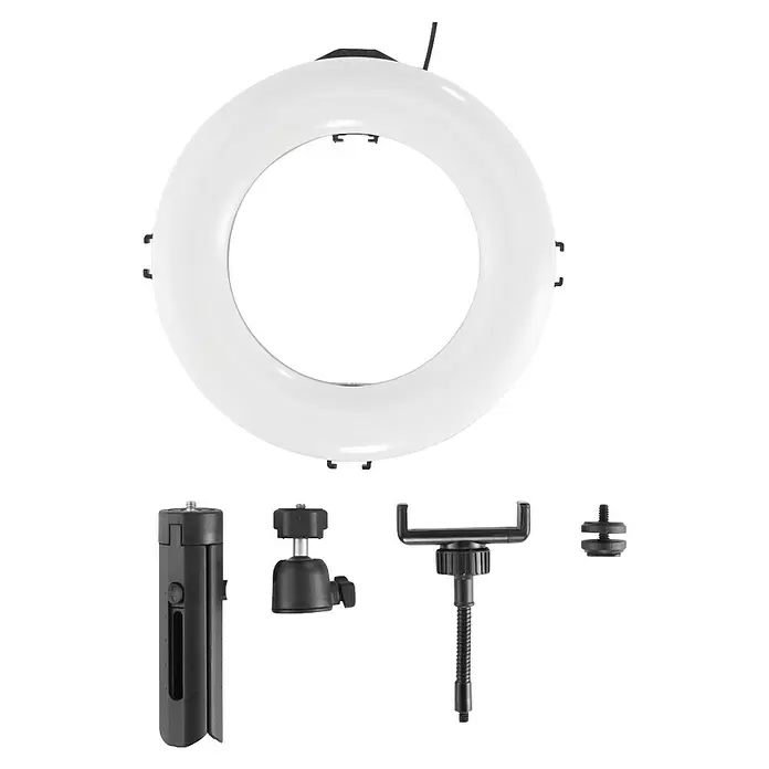 Hama Smartphone-Halter LED-Ringleuchte "SpotLight Smart 80 II" - Schwarz - Weißes Ringlicht mit schwarzem Zubehör: Ministativ, Kugelkopf und Handyhalterung.