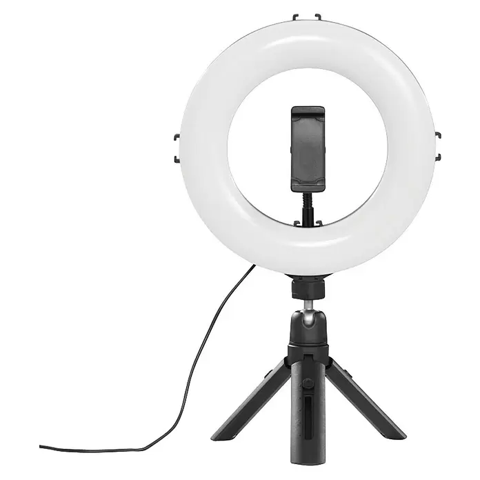 Hama Smartphone-Halter LED-Ringleuchte "SpotLight Smart 80 II" - Schwarz - Weißer Ringlicht mit schwarzem Handyhalter und Mini-Stativ, inklusive Netzkabel.