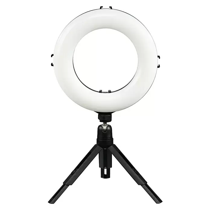 Hama Smartphone-Halter LED-Ringleuchte "SpotLight Smart 80 II" - Schwarz - Tragbare weiße LED-Ringlampe auf schwarzem Ministativ.