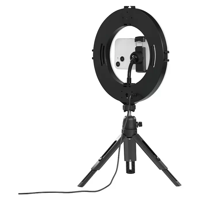 Hama Smartphone-Halter LED-Ringleuchte "SpotLight Smart 80 II" - Schwarz - Schwarzes Ringlicht-Set mit verstellbarem Stativ und Smartphone-Halterung.