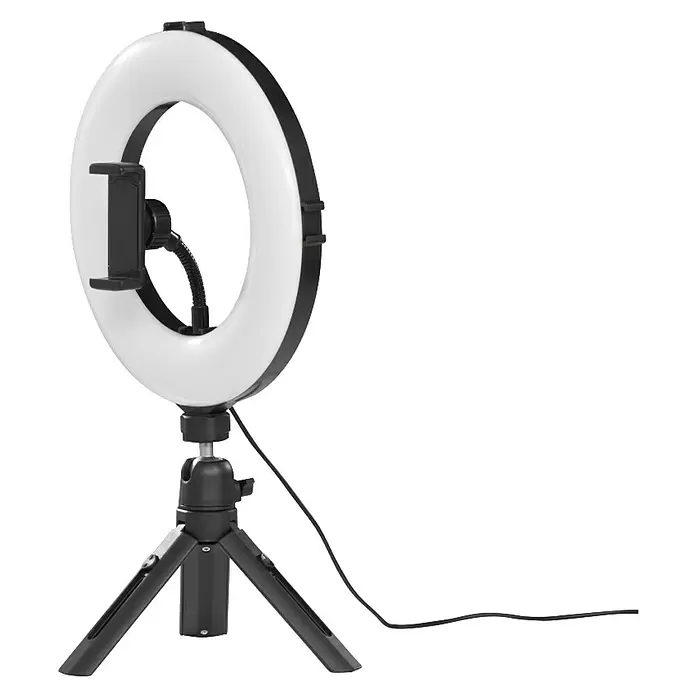 Hama Smartphone-Halter LED-Ringleuchte "SpotLight Smart 80 II" - Schwarz - Schwarz-weißes Ringlicht mit integrierter Handyhalterung auf kleinem Stativ.