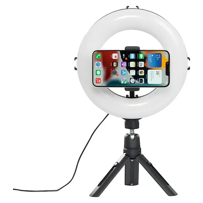 Hama Smartphone-Halter LED-Ringleuchte "SpotLight Smart 80 II" - Schwarz - Weißer Ringlicht mit Smartphone-Halterung auf schwarzem Stativ.