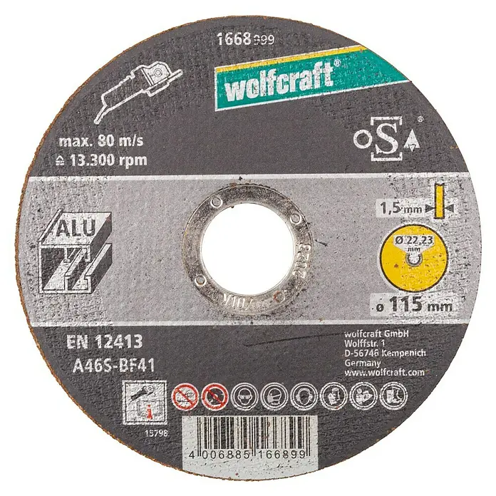 Wolfcraft Trennscheibe - Geeignet für: Aluminium, Durchmesser: 115 mm, Bohrung: 22,22 mm - Wolfcraft Trennscheibe für Aluminium, 115mm Durchmesser, geeignet für den Einsatz mit Winkelschleifern zum präzisen Schneiden von Aluminiumprofilen.