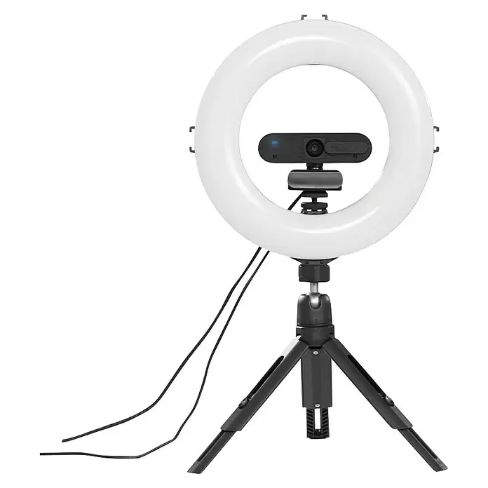 Hama Smartphone-Halter LED-Ringleuchte "SpotLight Smart 80 II" - Schwarz - Weißes Ringlicht mit schwarzer Webcam auf einem schwarzen Tischstativ.