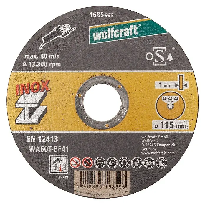 Wolfcraft Trennscheibe - Geeignet für: Stahl, Durchmesser: 115 mm, Bohrung: 22,22 mm - Wolfcraft Trennscheibe Inox mit einer maximalen Geschwindigkeit von 80 m/s und 13.300 U/min. Durchmesser beträgt 115 mm.