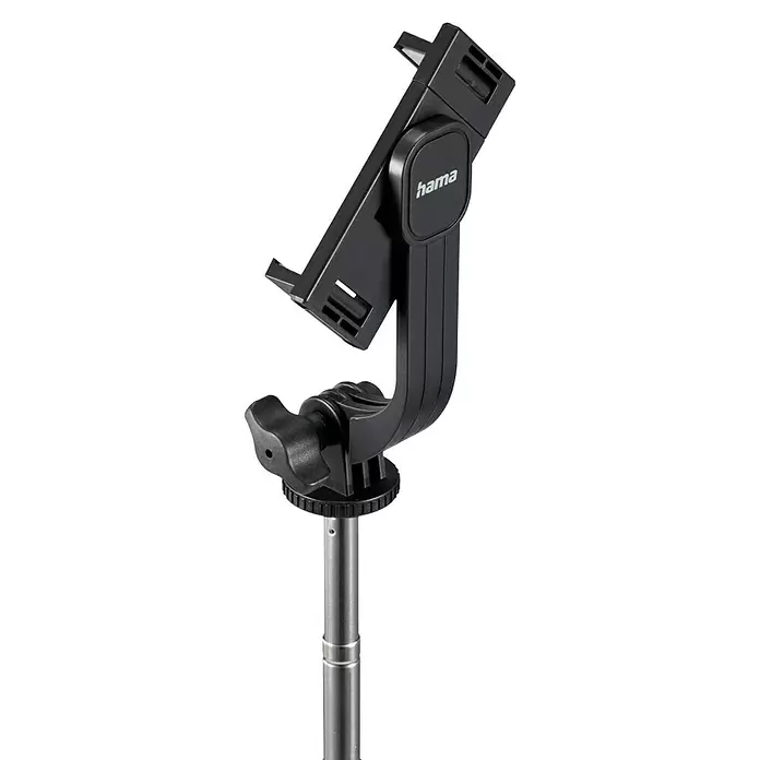 Hama Smartphone-Halter Selfie-Stick mit Standfuß Fancy Stand 110" ausziehbar 31-110 cm - Schwarz - Schwarze Hama Smartphone-Halterung mit verstellbarem Arm auf silberner Teleskopstange.