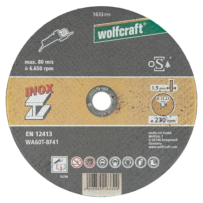 Wolfcraft Trennscheibe - Geeignet für: Stahl, Durchmesser: 230 mm, Bohrung: 22,22 mm - Das Bild zeigt eine Wolfcraft Trennscheibe mit einer klaren Darstellung ihrer technischen Daten und Sicherheitsinformationen.