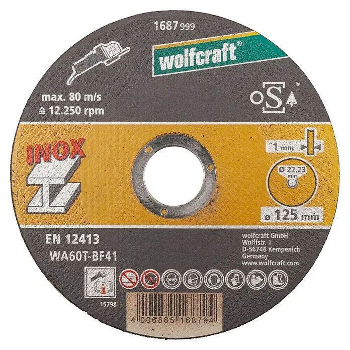 Wolfcraft Trennscheibe - Geeignet für: Stahl, Durchmesser: 125 mm, Bohrung: 22,22 mm - Das Bild zeigt eine Trennscheibe von Wolfcraft, geeignet für Edelstahl (INOX), mit den Abmessungen 125 x 1 mm.