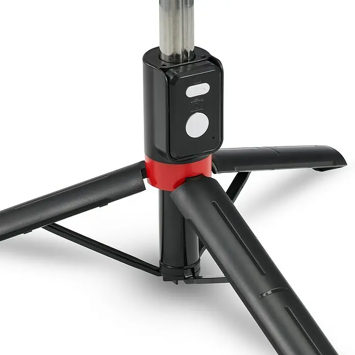 Hama Smartphone-Halter Selfie-Stick mit Standfuß Fancy Stand 110" ausziehbar 31-110 cm - Schwarz - Schwarze und rote Selfie-Stick-Stativbasis mit ausgeklappten Beinen und Bedienfeld.