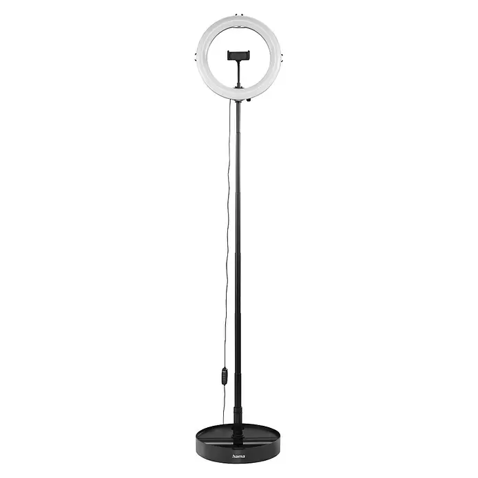 Hama Smartphone-Halter LED-Ringleuchte "SpotLight FoldUp 102 II" - Schwarz - Weißes Ringlicht mit integriertem Smartphone-Halter auf einem ausziehbaren schwarzen Ständer mit rundem Fuß und Kabelfernbedienung.