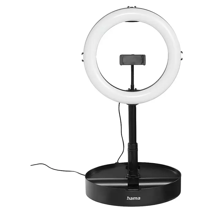 Hama Smartphone-Halter LED-Ringleuchte "SpotLight FoldUp 102 II" - Schwarz - Weißes Ringlicht mit schwarzem Ständer und Handyhalter für klare Videos und Fotos.