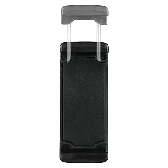 Hama Smartphone-Halter LED-Ringleuchte "SpotLight FoldUp 102 II" - Schwarz - Schwarzer Smartphone-Halter mit ausziehbarer grauer Oberklemme und silbernen Stangen zur Befestigung eines Telefons.