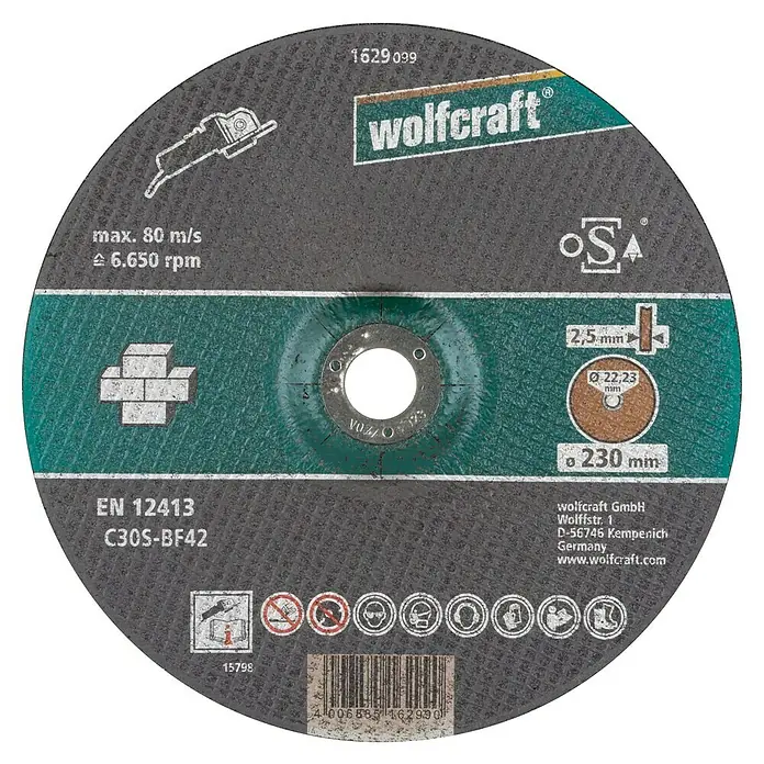 Wolfcraft Trennscheibe - 230 mm, 1 Stk., Geeignet für: Stein, Gekröpft - Das Bild zeigt eine Trennscheibe von Wolfcraft mit einer maximalen Drehzahl von 6.650 U/min und einem Durchmesser von 230 mm.