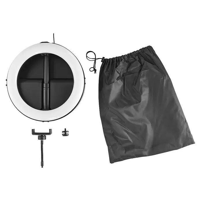 Hama Smartphone-Halter LED-Ringleuchte "SpotLight FoldUp 102 II" - Schwarz - Weiß-schwarzes Ringlicht-Kit mit Handyhalterung, Schraube und schwarzem Zugbeutel.