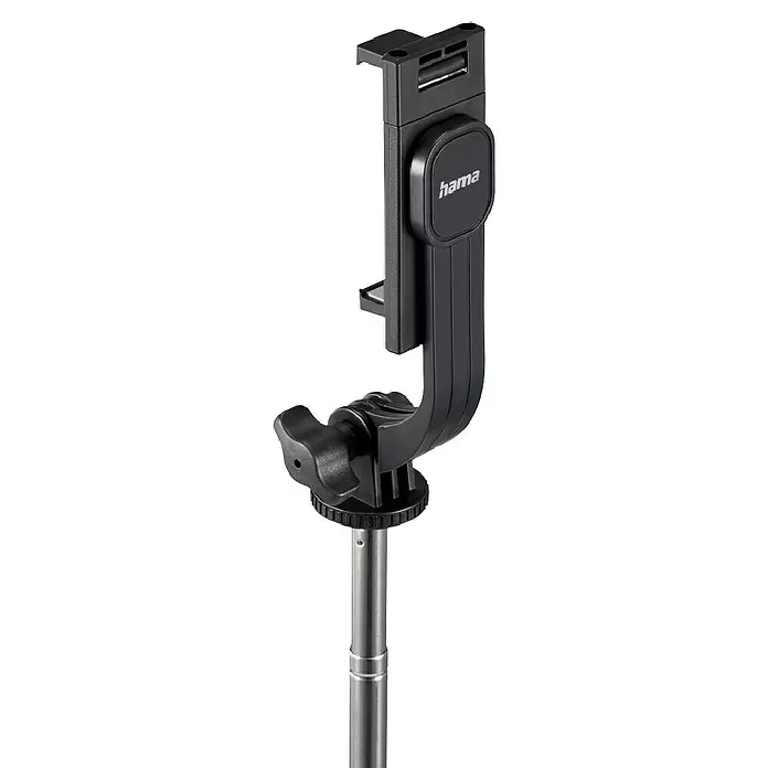 Hama Smartphone-Halter Selfie-Stick mit Standfuß Fancy Stand 110" ausziehbar 31-110 cm - Schwarz - Verstellbarer schwarzer Hama Smartphone-Halter an einer silbernen Teleskopstange.