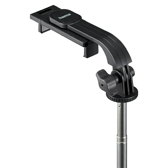 Hama Smartphone-Halter Selfie-Stick mit Standfuß Fancy Stand 110" ausziehbar 31-110 cm - Schwarz - Nahaufnahme einer Hama-Gerätehalterung, die für Stabilität und Flexibilität bei Foto- und Videoaufnahmen entwickelt wurde.