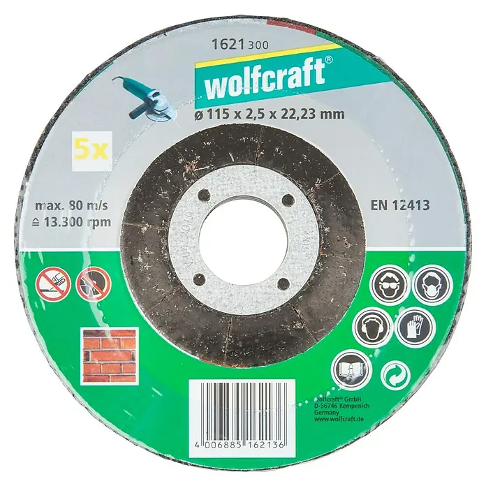 Wolfcraft Trennscheibe - 115 mm, 5 Stk., Geeignet für: Stein, Gekröpft - Aufnahme eines Wolfcraft Trennscheibe, ideal zum Schneiden von Stein und ähnlichen Materialien, mit den Maßen 115 x 2,5 x 22,23 mm.
