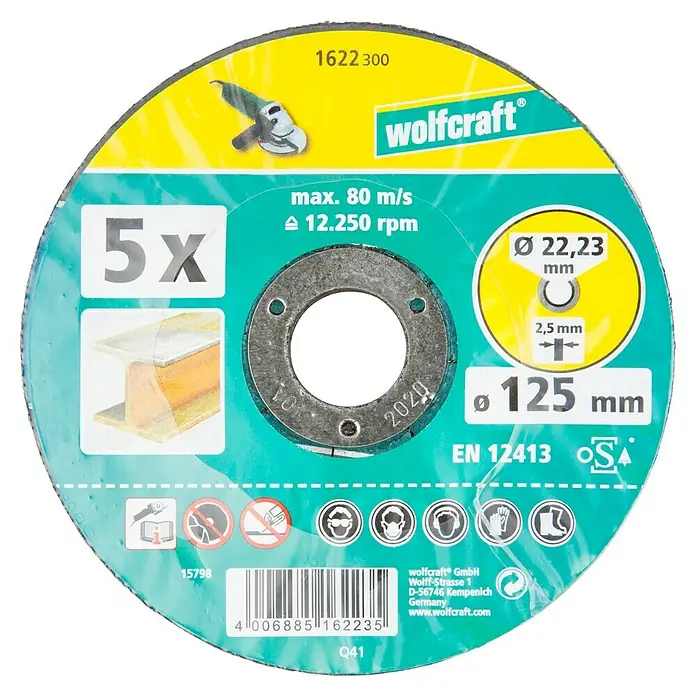 Wolfcraft Trennscheibe - Gekröpft, Geeignet für: Metall, 5 Stk., Durchmesser: 125 mm - Wolfcraft Trennscheibe, 125mm Durchmesser, ideal für Metallarbeiten, mit hoher Schnittgeschwindigkeit und langer Lebensdauer.