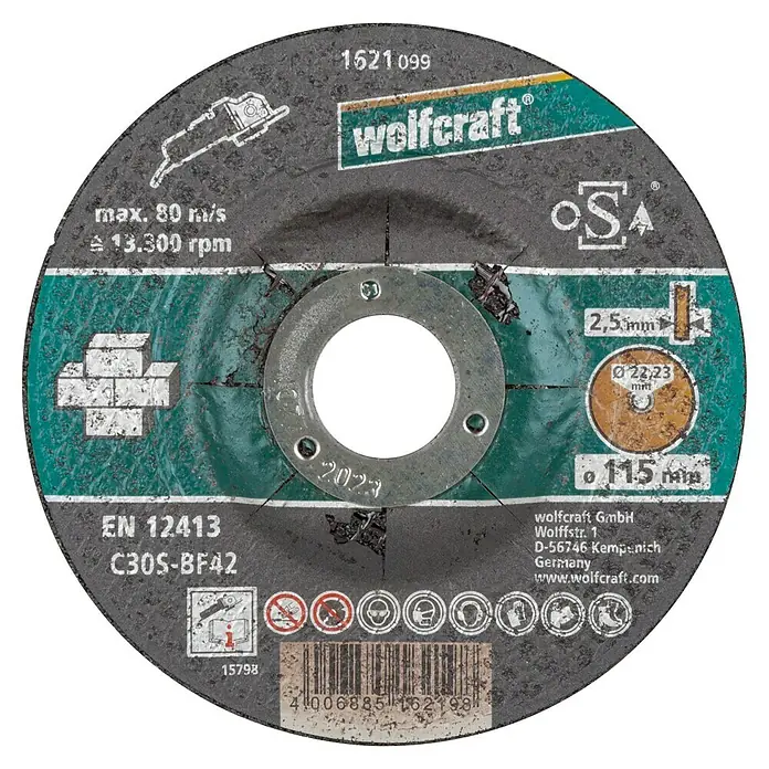 Wolfcraft Trennscheibe - 115 mm, 1 Stk., Geeignet für: Stein, Gekröpft - Trennscheibe von Wolfcraft, 115 mm Durchmesser, geeignet für Stein und ähnliche Materialien. Max. 80 m/s, 13.300 U/min.