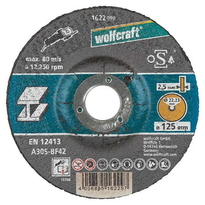 Wolfcraft Trennscheibe - Gekröpft, Geeignet für: Metall, 1 Stk., Durchmesser: 125 mm - Bild einer Wolfcraft Trennscheibe A30S-BF42, ideal zum Trennen von Metall mit einer maximalen Geschwindigkeit von 80 m/s und 12.250 U/min.