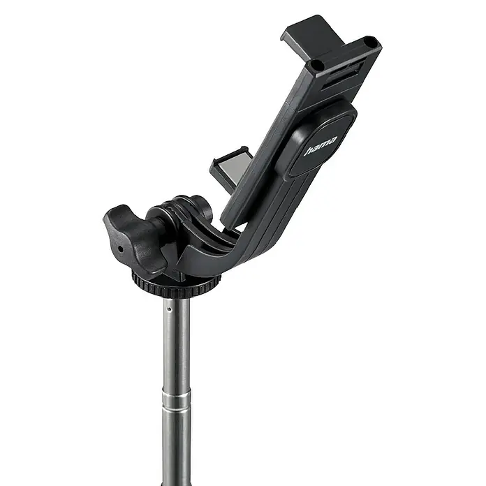 Hama Smartphone-Halter Selfie-Stick mit Standfuß Fancy Stand 110" ausziehbar 31-110 cm - Schwarz - Eine Nahaufnahme einer schwarzen Hama-Tablet-Halterung, die an einem verstellbaren Stativ befestigt ist, mit dem Hama-Logo auf der Halterung.