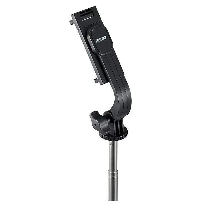 Hama Smartphone-Halter Selfie-Stick mit Standfuß Fancy Stand 110" ausziehbar 31-110 cm - Schwarz - Nahaufnahme einer Hama Handyhalterung mit Stativanschluss, ideal für Fotos und Videos mit dem Smartphone. Robust und vielseitig.