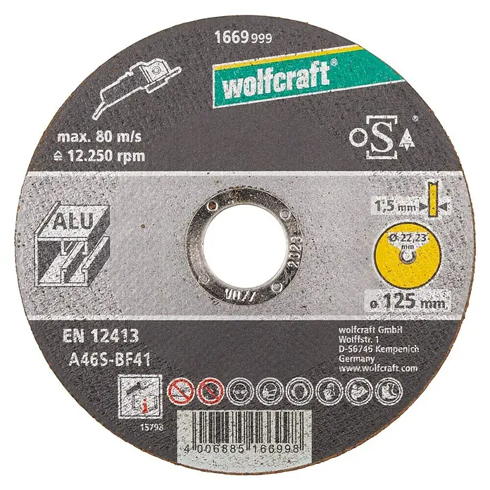 Wolfcraft Trennscheibe - Geeignet für: Aluminium, Durchmesser: 125 mm, Bohrung: 22,22 mm - Wolfcraft Trennscheibe für Aluminium, 125mm Durchmesser, max. 80 m/s, für präzise Schnitte in Aluminiumwerkstücken.