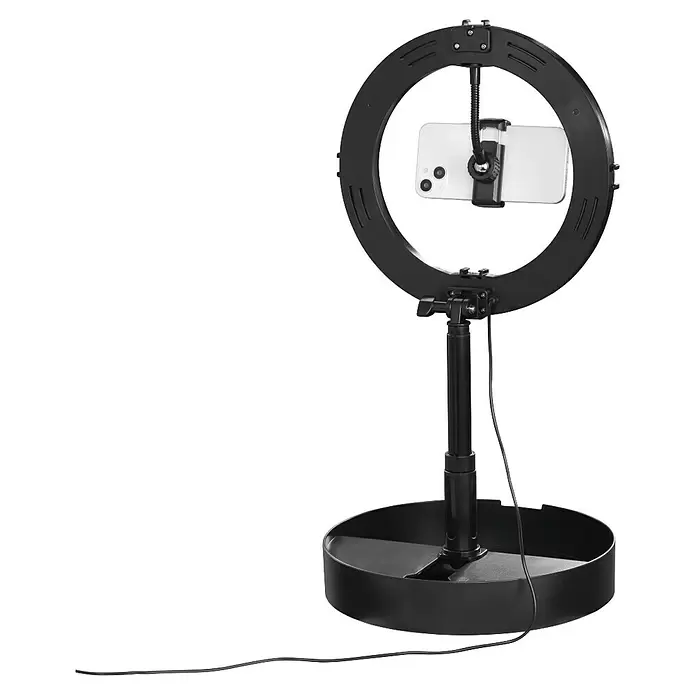 Hama Smartphone-Halter LED-Ringleuchte "SpotLight FoldUp 102 II" - Schwarz - Schwarze Desktop-Ringleuchte mit integriertem Smartphone-Halter und Ständer.