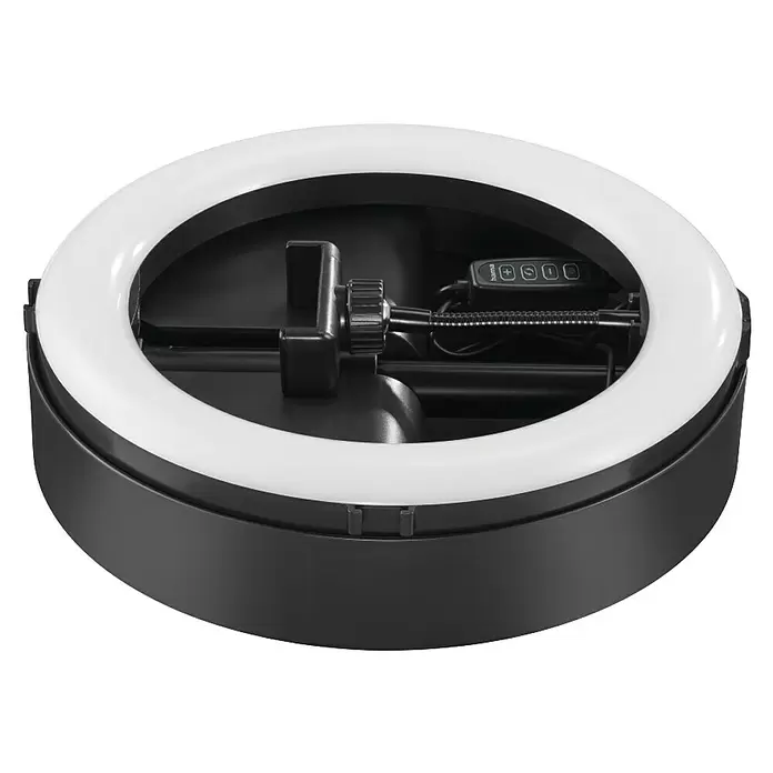 Hama Smartphone-Halter LED-Ringleuchte "SpotLight FoldUp 102 II" - Schwarz - Schwarze Ringlampe mit weißem Diffusor, integrierter Smartphone-Halterung und Bedienfeld.