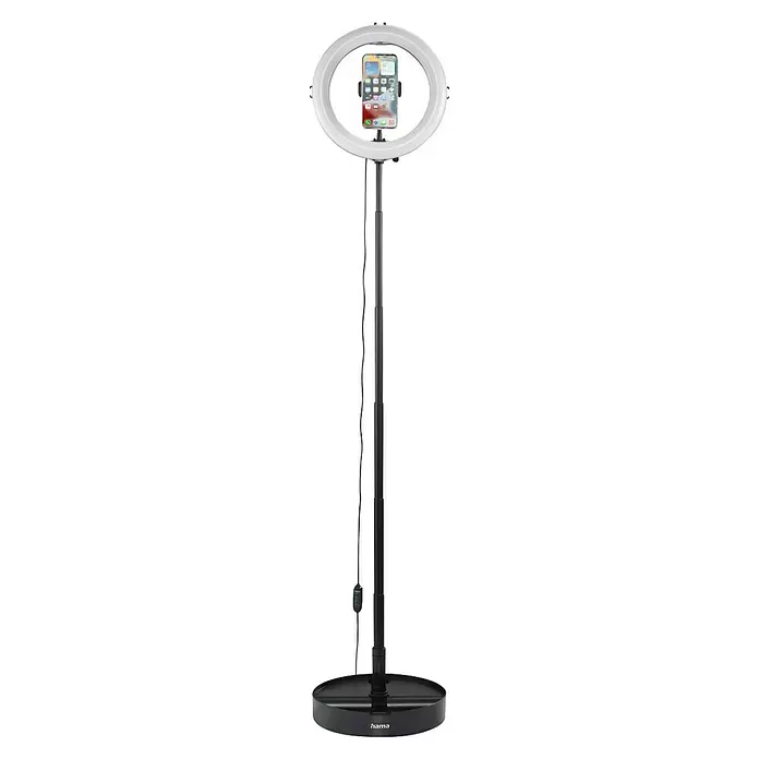 Hama Smartphone-Halter LED-Ringleuchte "SpotLight FoldUp 102 II" - Schwarz - Weißes Ringlicht mit Smartphone-Halter auf schwarzem verstellbarem Stativ und rundem Sockel, mit Inline-Fernbedienung.