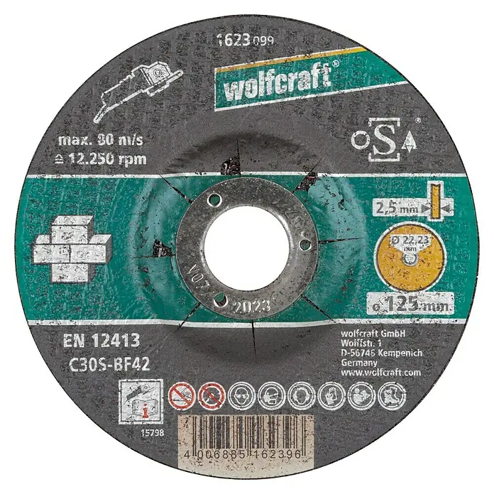 Wolfcraft Trennscheibe - 125 mm, 1 Stk., Geeignet für: Stein, Gekröpft - Abbildung einer Wolfcraft Trennscheibe mit den Spezifikationen wie max. 30 m/s und 12.250 U/min, ideal für Trennarbeiten.