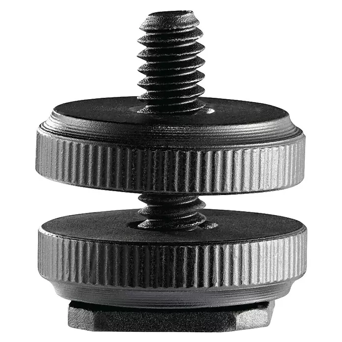 Hama Smartphone-Halter LED-Ringleuchte "SpotLight FoldUp 102 II" - Schwarz - Schwarzer Metall-Blitzschuhadapter mit Rändelschrauben und 1/4-Zoll-Gewinde.