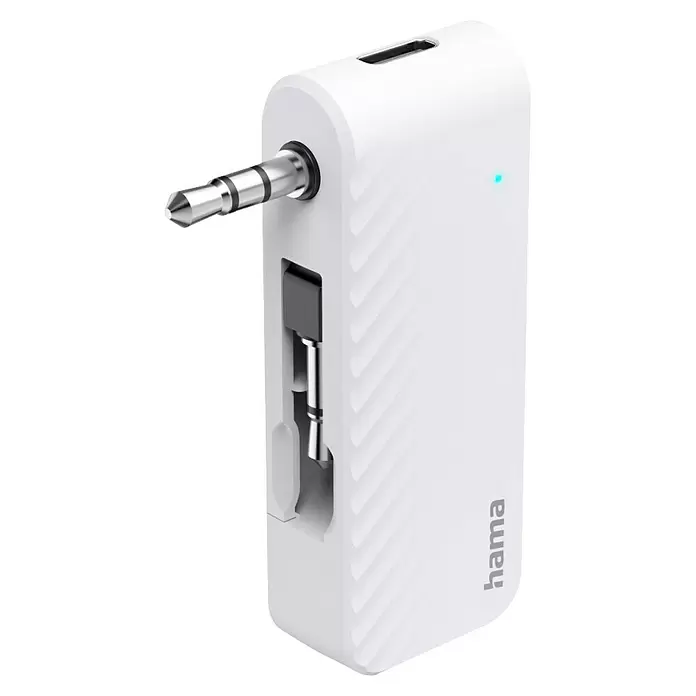 Hama Audio-Adapter Transmitter für Flugzeuge - USB-C-Buchse - Weißer Hama Bluetooth Audio-Adapter mit 3,5mm Klinke, integriertem Clip und USB-Ladeanschluss.