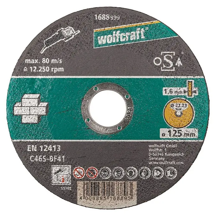 Wolfcraft Trennscheibe - Durchmesser: 125 mm, Bohrung: 22,23 mm, Stärke Scheibe: 1,6 mm, 1 Stk. - Nahaufnahme einer Wolfcraft Trennscheibe für Steintrennarbeiten, ideal für präzise Schnitte mit hoher Leistung.