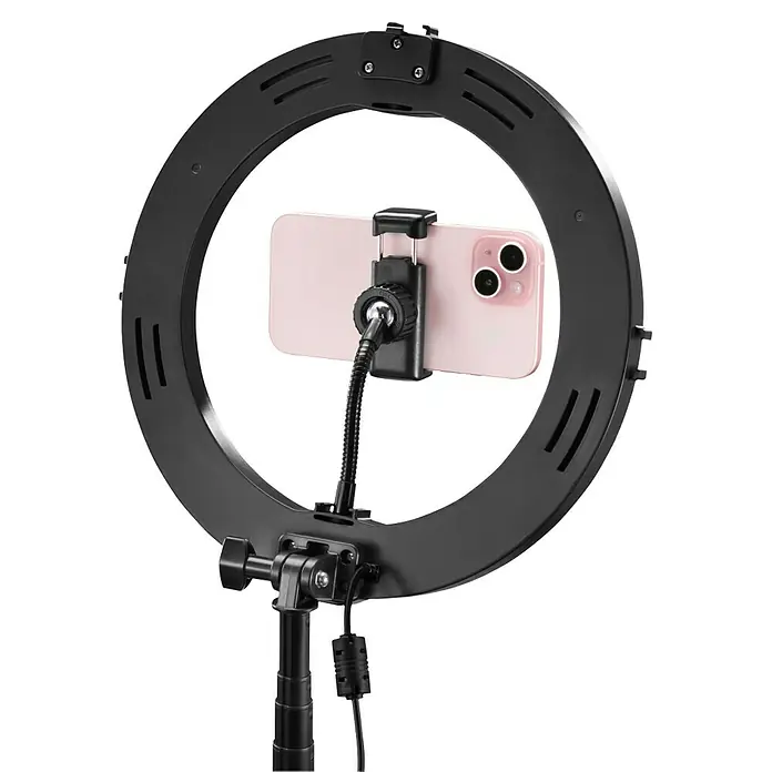 Hama Smartphone-Halter LED-RGB-Ringleuchte "SpotLight FoldUp RGB 102" - Schwarz - Nahaufnahme einer Ringlicht-Handyhalterung mit einem rosa Smartphone. Ideal für Vlogs und Selfies, sorgt es für optimale Beleuchtung.