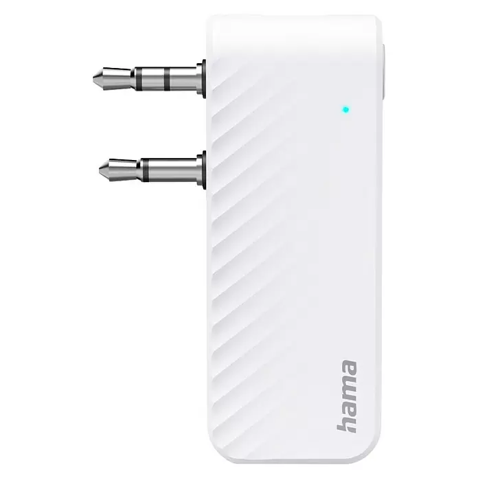 Hama Audio-Adapter Transmitter für Flugzeuge - USB-C-Buchse - Weißer rechteckiger Audioadapter mit zwei silbernen 3,5-mm-Klinkensteckern und blauer LED.