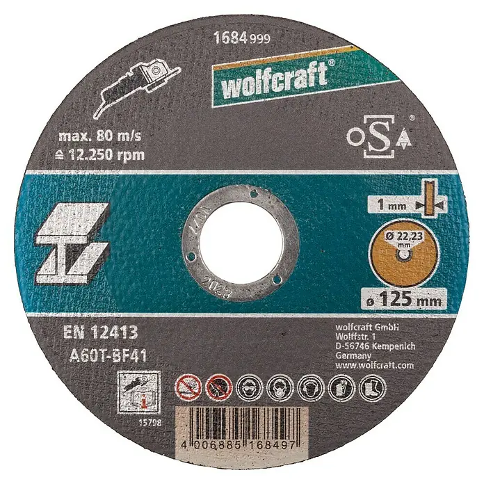 Wolfcraft Trennscheibe - Geeignet für: Metall, Durchmesser: 125 mm, Bohrung: 22,22 mm - Aufnahme einer Wolfcraft Trennscheibe, die für ihre Qualität und Präzision beim Schneiden von Materialien bekannt ist.