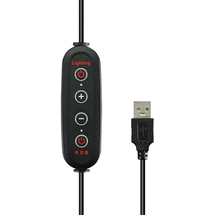 Hama Smartphone-Halter LED-RGB-Ringleuchte "SpotLight FoldUp RGB 102" - Schwarz - Nahaufnahme eines RGB-Beleuchtungsreglers mit USB-Stecker.