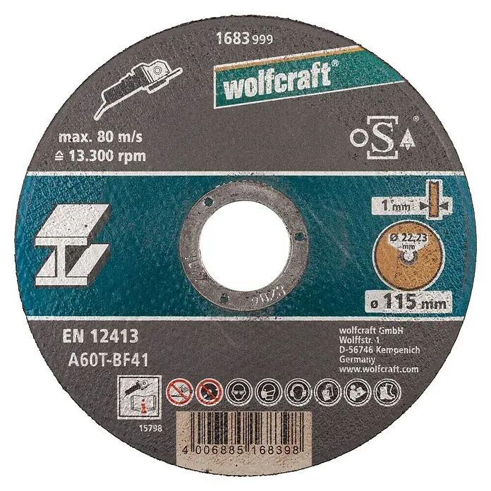 Wolfcraft Trennscheibe - Geeignet für: Metall, Durchmesser: 115 mm, Bohrung: 22,22 mm - Wolfcraft Trennscheibe mit den Maßen 115 mm Durchmesser, 1 mm Dicke und einer maximalen Drehzahl von 13.300 U/min.
