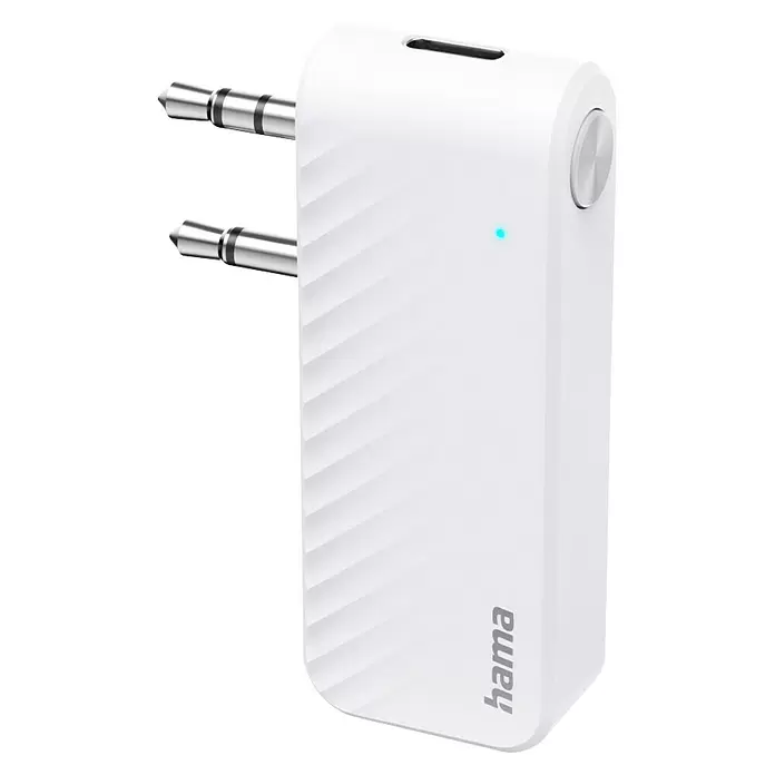 Hama Audio-Adapter Transmitter für Flugzeuge - USB-C-Buchse - Weißer Bluetooth-Audio-Adapter mit zwei silbernen Klinkensteckern und blauer Anzeigeleuchte.