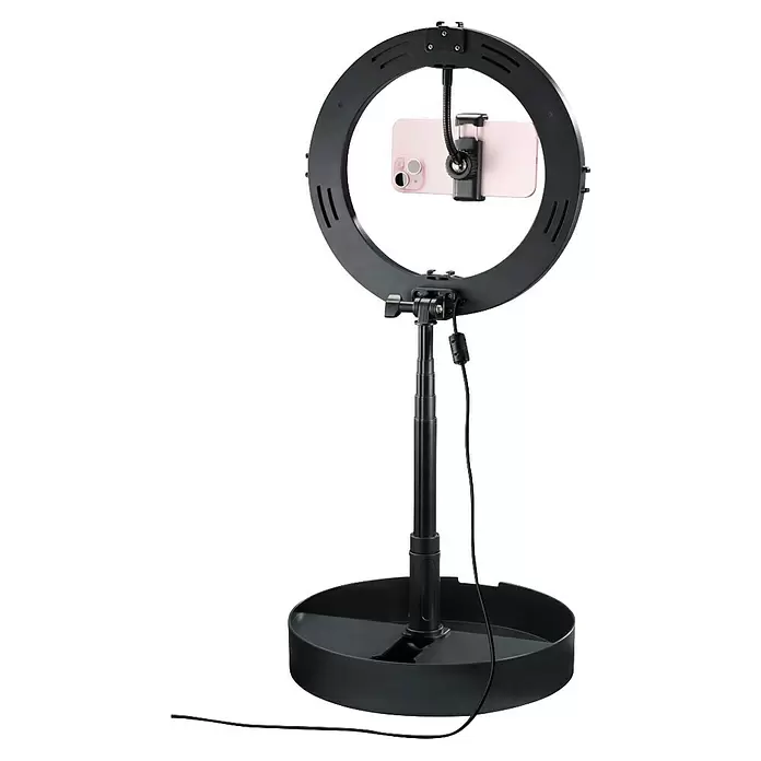 Hama Smartphone-Halter LED-RGB-Ringleuchte "SpotLight FoldUp RGB 102" - Schwarz - Schwarze Ringleuchte mit pinkem Smartphone innen montiert, auf schwarzem Rundfuß.