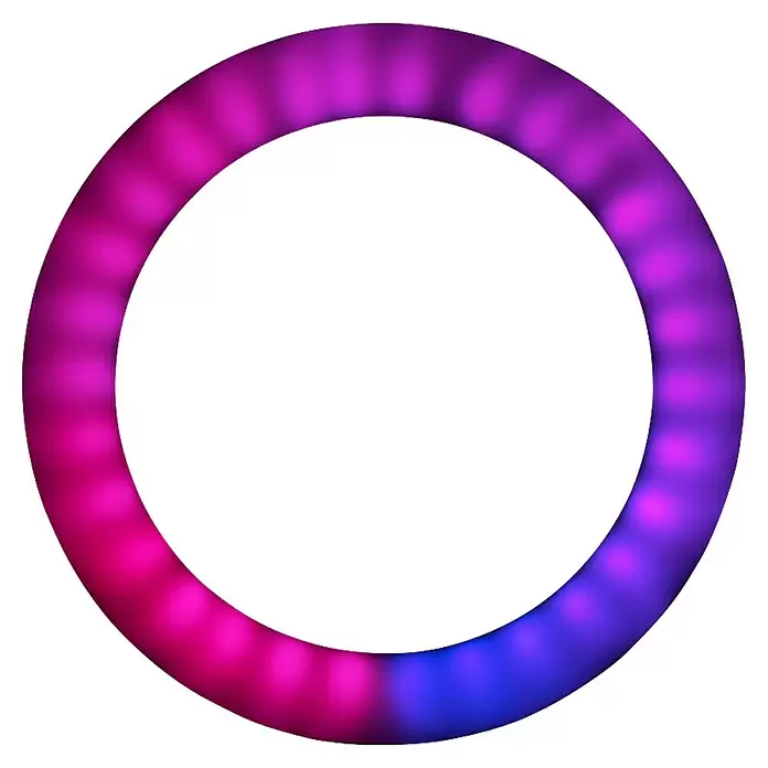 Hama Smartphone-Halter LED-RGB-Ringleuchte "SpotLight FoldUp RGB 102" - Schwarz - Beleuchteter Ring mit rosa-blauem Farbverlauf und deutlichen Lichtsegmenten.