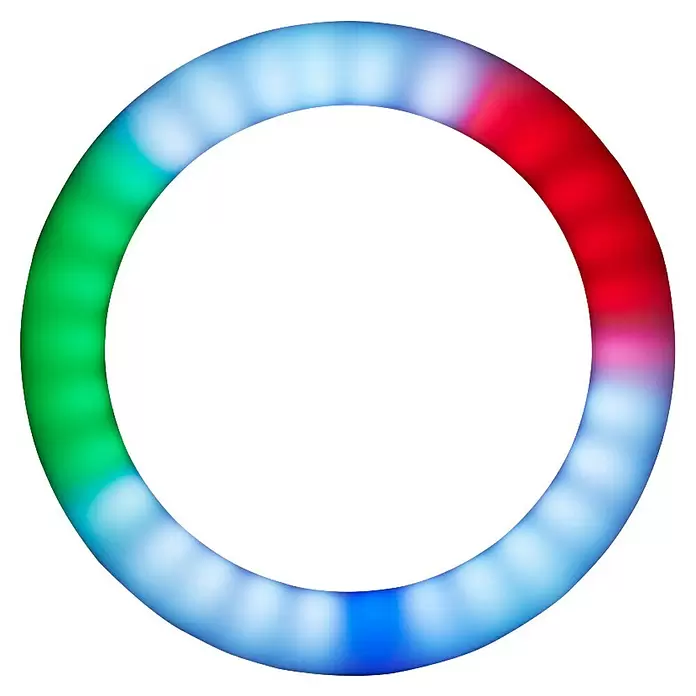 Hama Smartphone-Halter LED-RGB-Ringleuchte "SpotLight FoldUp RGB 102" - Schwarz - Kreisförmiger LED-Lichtring mit beleuchteten Segmenten in Rot, Grün, Blau und Weiß im Farbverlauf.
