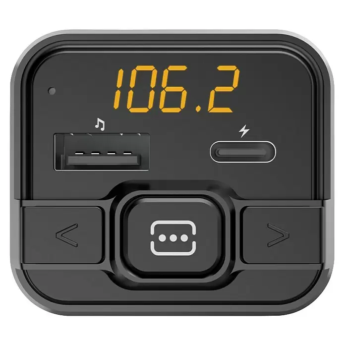 Hama Kfz-Ladegerät FM-Transmitter - Bluetooth - Schwarzer digitaler Auto-Adapter zeigt „106.2“, mit USB-A-, USB-C-Ladeanschlüssen und Medientasten.