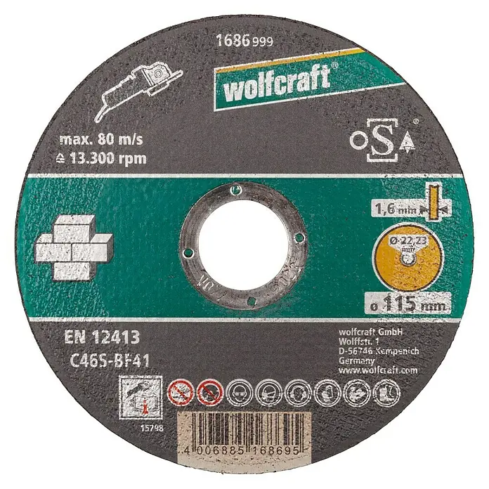 Wolfcraft Trennscheibe - Durchmesser: 115 mm, Bohrung: 22,23 mm, Stärke Scheibe: 1,6 mm, 1 Stk. - Trennscheibe von Wolfcraft, Durchmesser 115 mm, geeignet für Stein, max. 80 m/s, 13.300 U/min für Winkelschleifer.