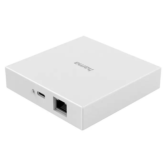 Hama Steuerzentrale Smart-Home-Hub, Matter für Sprach- / Appsteuerung - Weiß - Weißes, rechteckiges Elektronikgerät mit USB-C- und Ethernet-Anschlüssen, mit Hama-Logo.