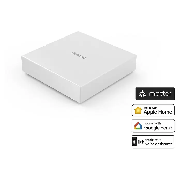 Hama Steuerzentrale Smart-Home-Hub, Matter für Sprach- / Appsteuerung - Weiß - Weißes Hama Smart Home Gateway mit Matter, Apple Home, Google Home und Sprachassistenten Kompatibilitätslogos.