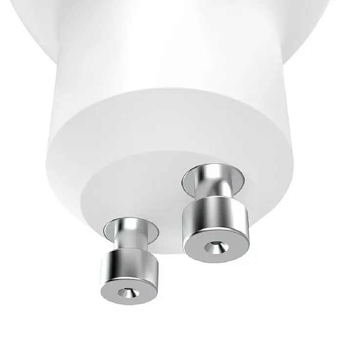 Hama Wifi Smart-LED-Lampe Matter - GU10, Dimmbar, RGBW, 420 lm, 5 W - Nahaufnahme einer weißen LED-Lampe mit zwei Stiften, ideal für moderne Beleuchtungslösungen. Kompaktes Design für vielseitige Anwendungen.