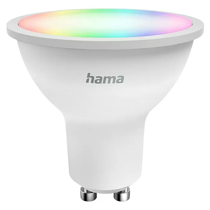 Hama Wifi Smart-LED-Lampe Matter - GU10, Dimmbar, RGBW, 420 lm, 5 W - Weiße Hama Smart LED GU10 Birne mit regenbogenfarben leuchtender Oberseite.